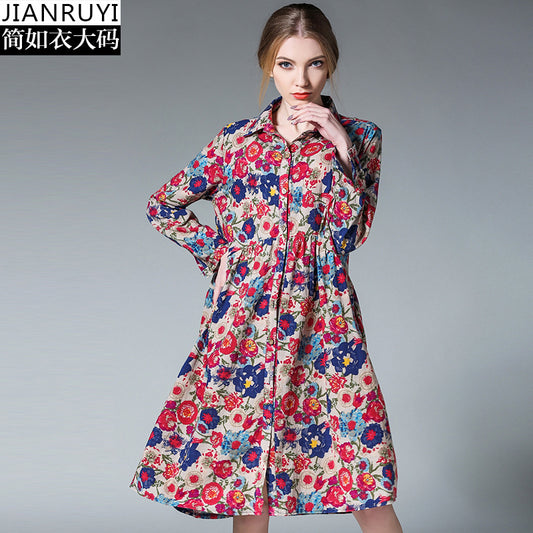 Europe and America linen cotton flowers loose large size long section long sleeve dress