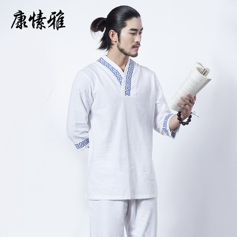 2pcs Men Fitness Suit Yoga Set Gym Clothes Cotton and Linen Meditation Clothing White Shirt and Pants with Blue Chinese Pattern