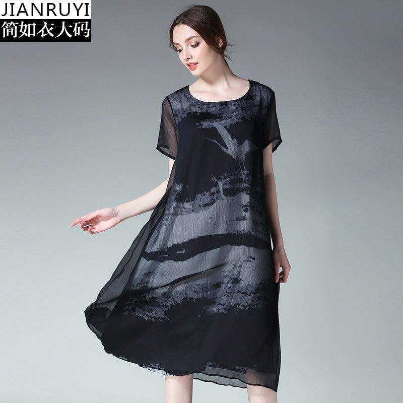 European station new ink printing chiffon fat MM large size loose dress