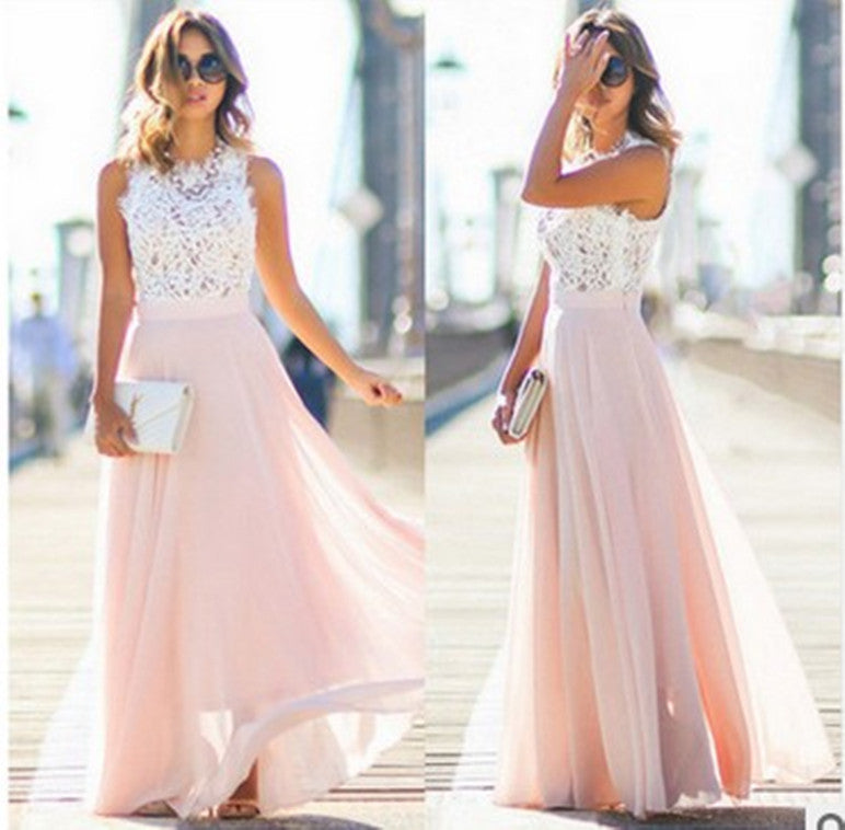 European and American new lace stitching chiffon maxi dress