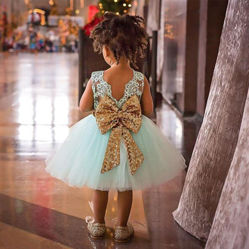 Cross-border special heating lace sleeveless gauze skirt summer new sequined big bow children's skirt