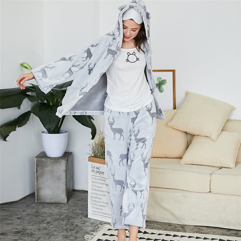 Bu Nai winter new hooded deer double law back printing cut flower two-piece pajamas ladies casual home service