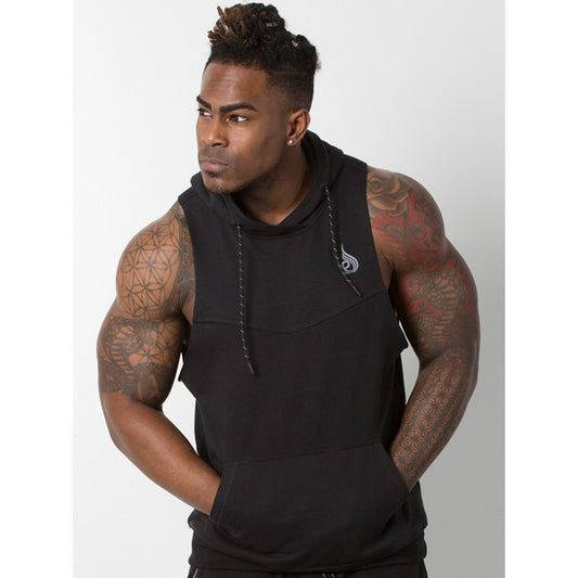 Muscular male brother fitness training vest cotton running loose sleeveless sportswear hooded pullover vest