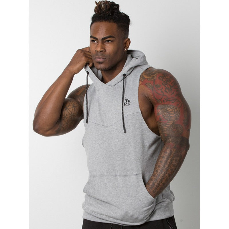 Muscular male brother fitness training vest cotton running loose sleeveless sportswear hooded pullover vest