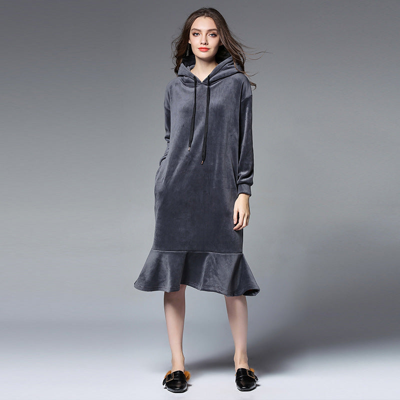 Europe and the United States large size women's autumn and winter fat mm long hooded sweater women's thick velvet bottoming skirt