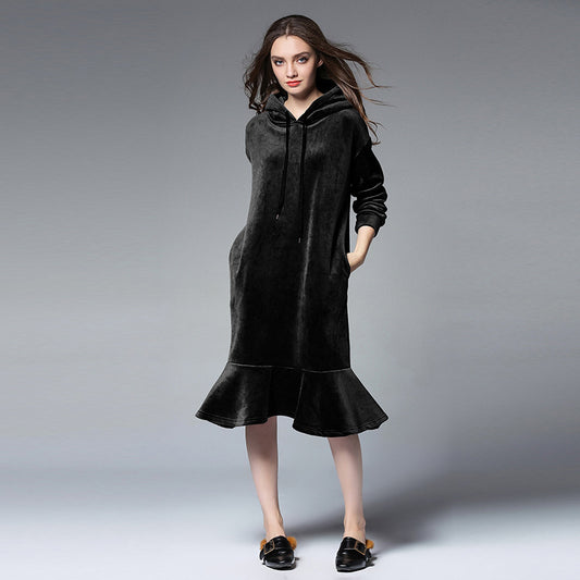 Europe and the United States large size women's autumn and winter fat mm long hooded sweater women's thick velvet bottoming skirt