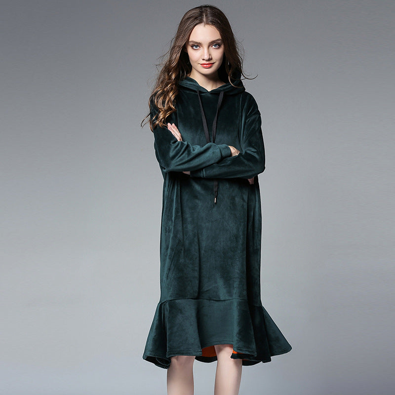 Europe and the United States large size women's autumn and winter fat mm long hooded sweater women's thick velvet bottoming skirt