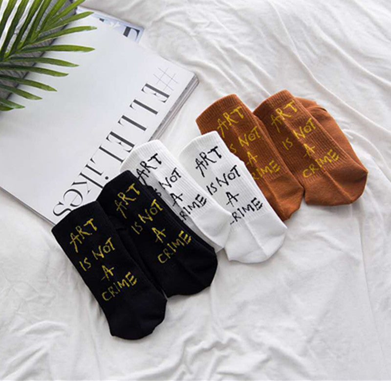 Ulzzang vertical stripes solid color cotton socks women's socks with letters art is not a crime stockings