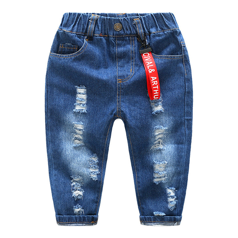 Korean style boys casual trousers, children's ripped pants trend