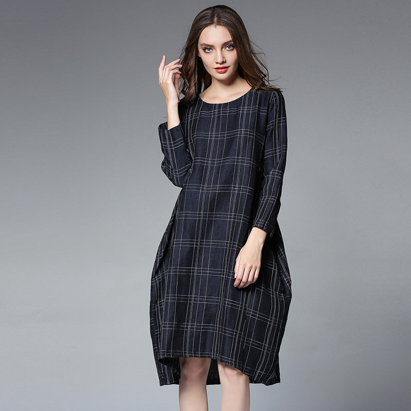 European station large size loose hemp cotton lattice cover slimming dress