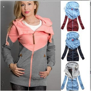 European and American women's clothing personality double zipper color matching hooded long-sleeved fleece sweater