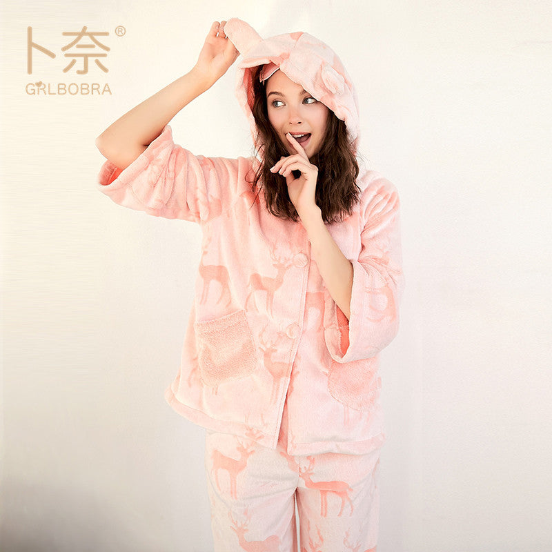 Bu Nai winter new hooded deer double law back printing cut flower two-piece pajamas ladies casual home service