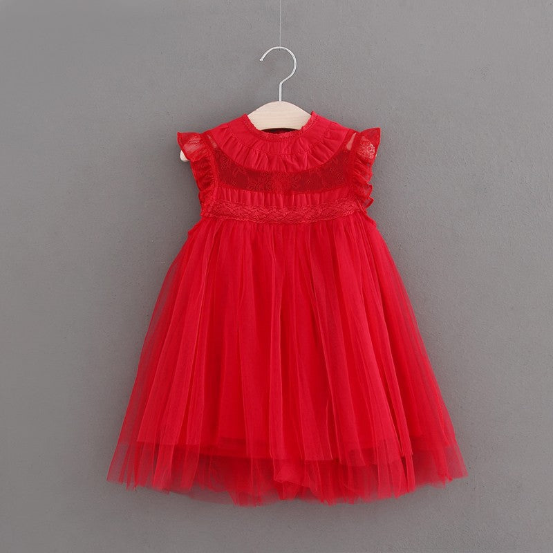 Girls dress net celebrity children foreign style flying sleeves net gauze puffy princess vest skirt