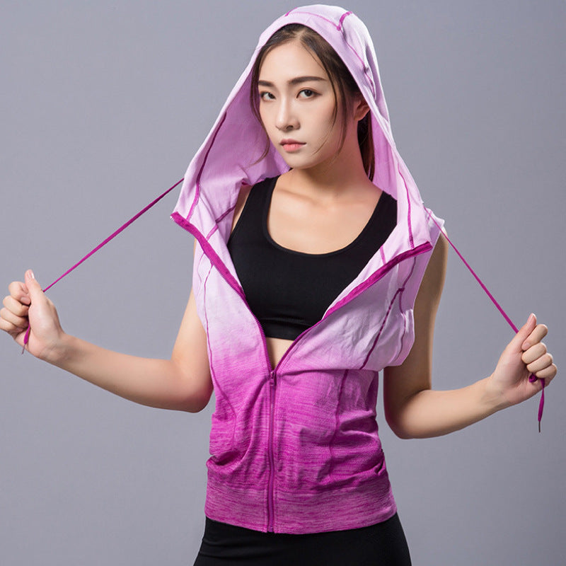 New quick-drying fitness sports jacket ladies fitness sleeveless hooded yoga clothing