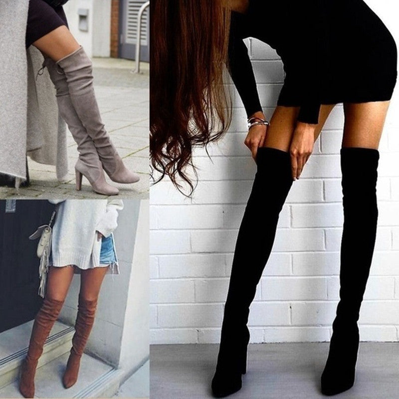 New pointed thick heel side zipper over-the-knee boots women's stretch boots