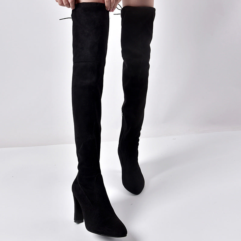 New pointed thick heel side zipper over-the-knee boots women's stretch boots