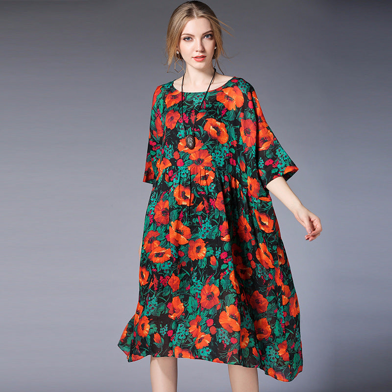 Europe and the United States large size women's flowers chiffon loose dress two-piece