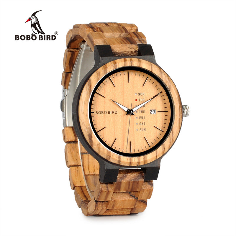 BOBOBIRD wood men's watch and day of the week date quartz watch classic two-tone wood watch