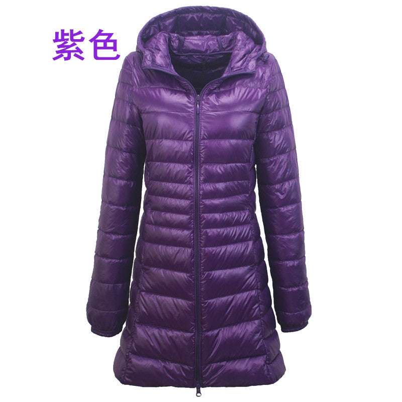 European and American cross-border hooded down jackets plus size light and thin slim-fit mid-length women's jacket