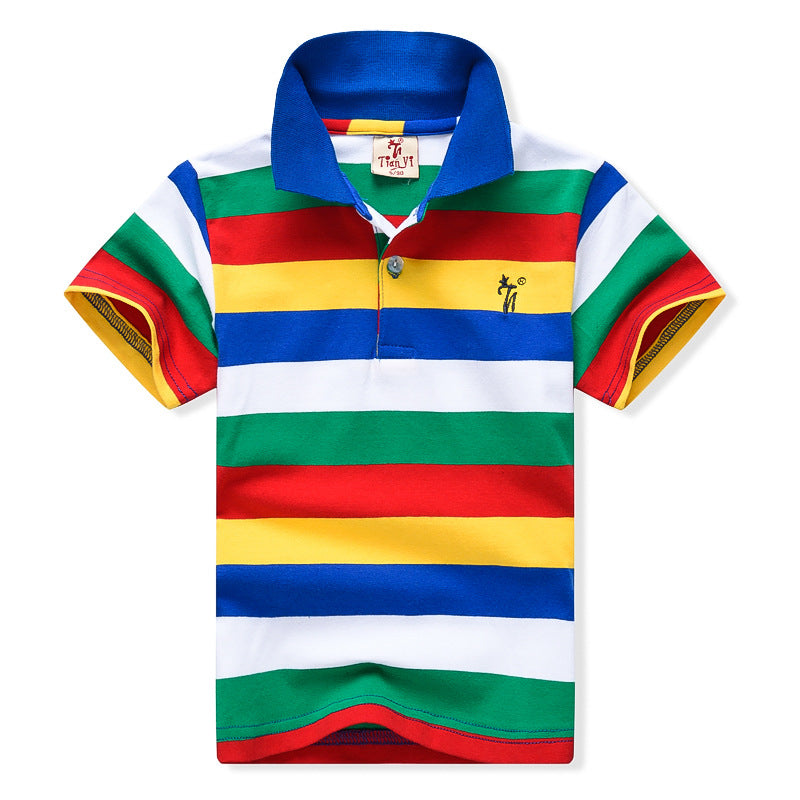 Striped mixed color children's T-shirt Lycra cotton lapel short-sleeved
