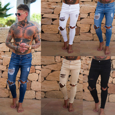 European and American fashion high street style beggars ripped men's small feet jeans