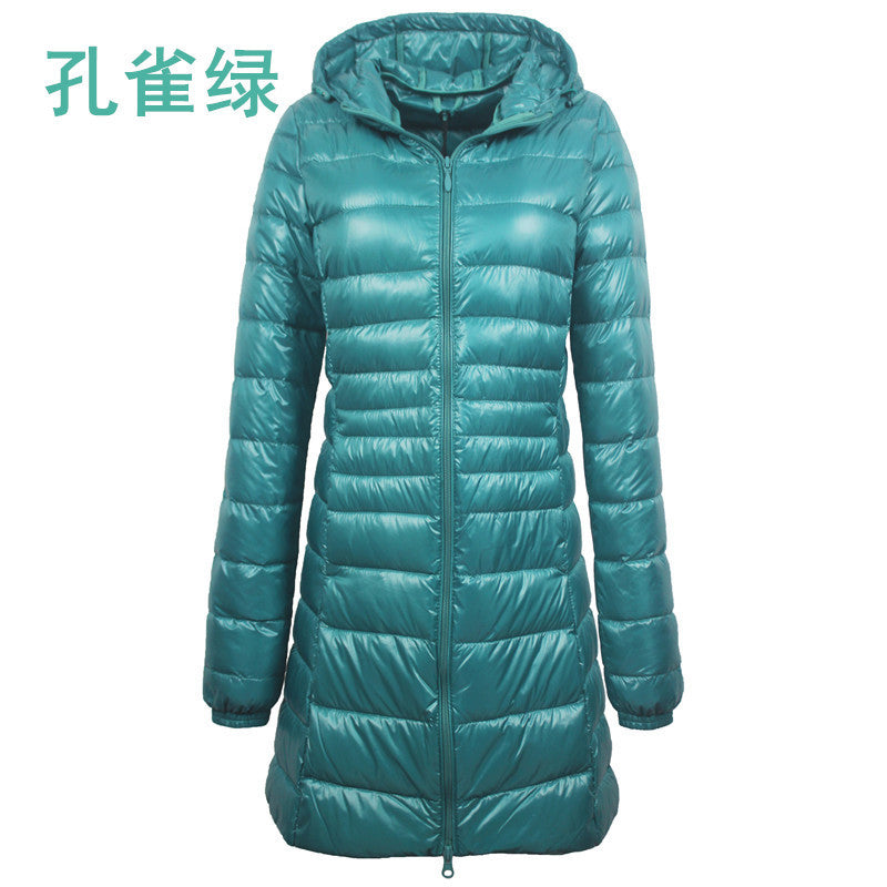 European and American cross-border hooded down jackets plus size light and thin slim-fit mid-length women's jacket