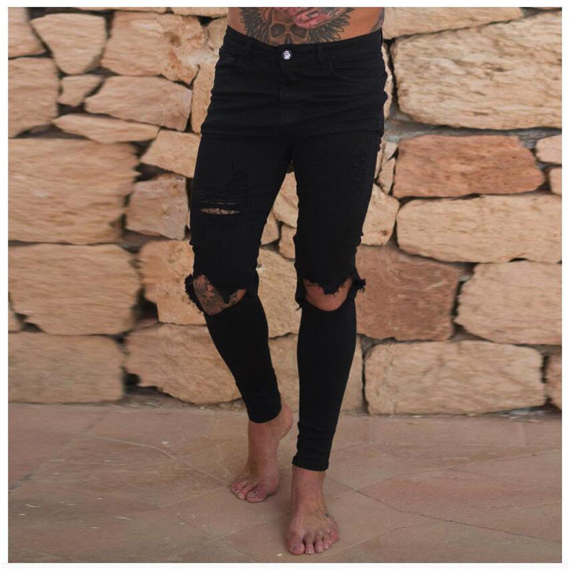 European and American fashion high street style beggars ripped men's small feet jeans