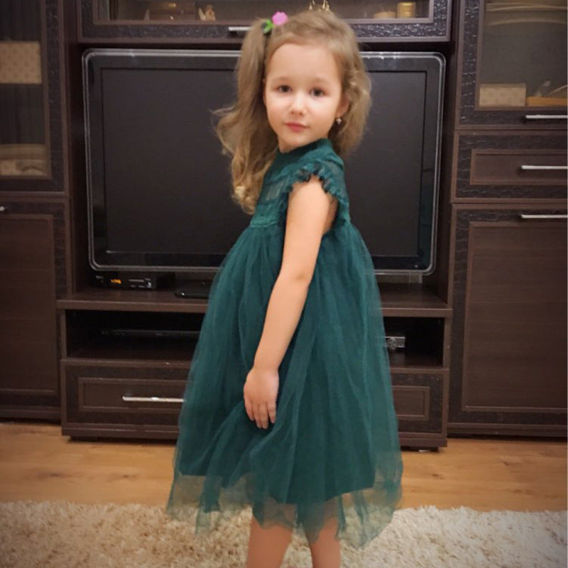 Girls dress net celebrity children foreign style flying sleeves net gauze puffy princess vest skirt