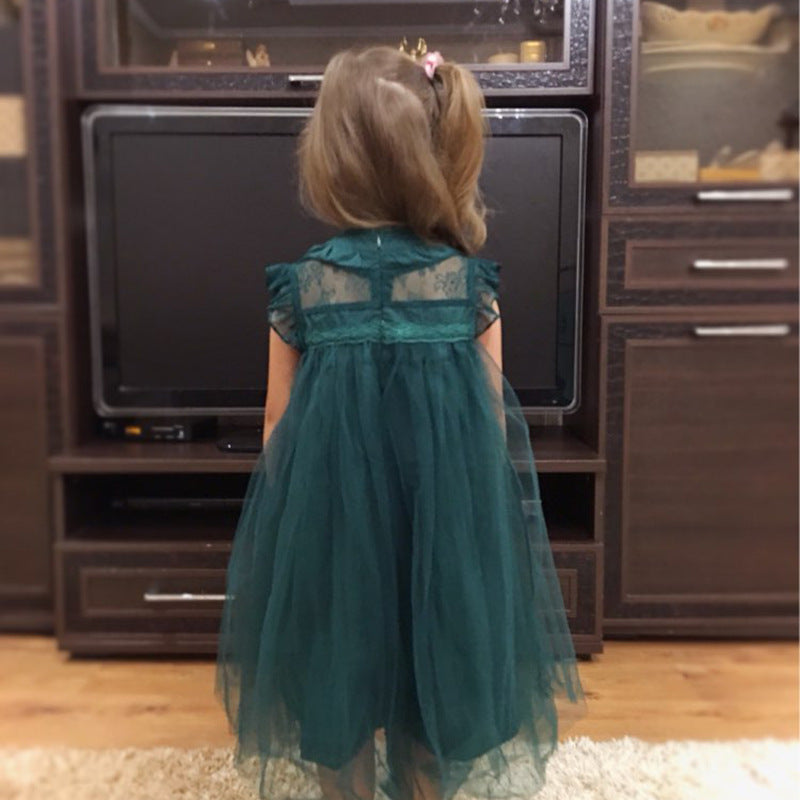 Girls dress net celebrity children foreign style flying sleeves net gauze puffy princess vest skirt