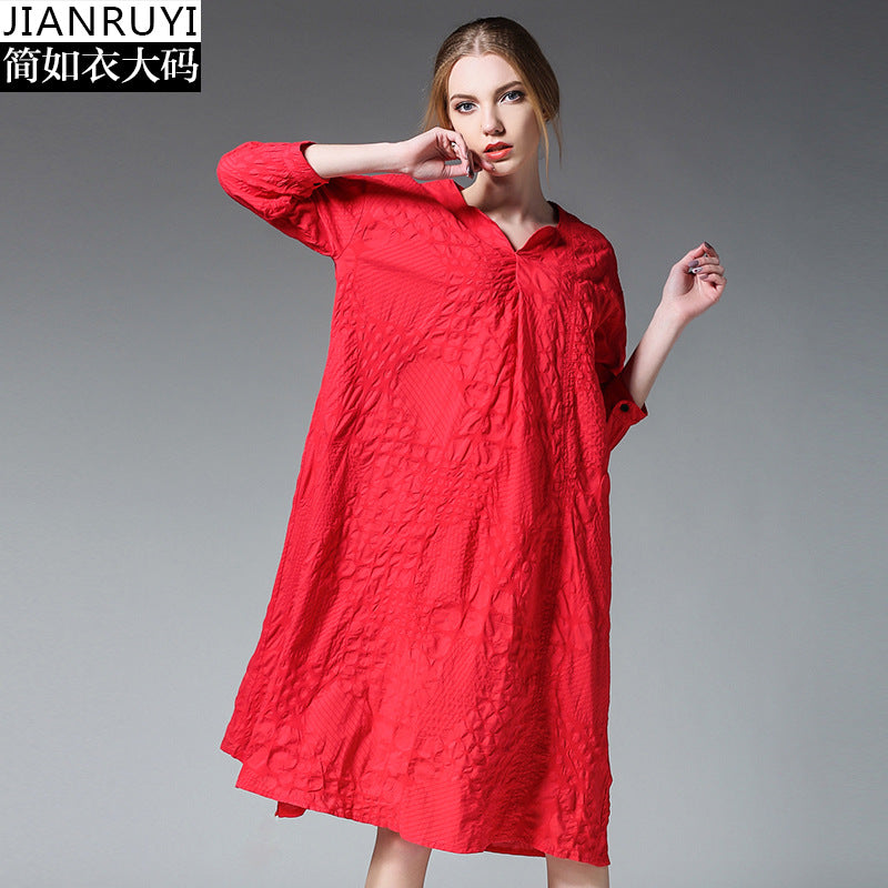 Europe and the United States large size women's fat sister loose embossed hemp cotton dress