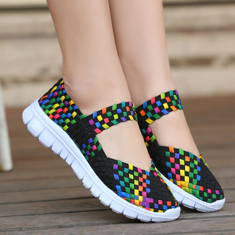 European and American large size elastic band woven single shoes light flat women's sandals