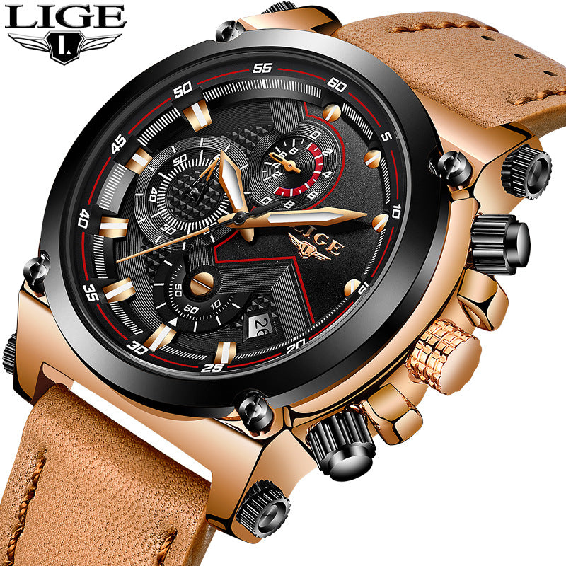 LIGE casual fashion trend business waterproof belt watch men's luminous watch