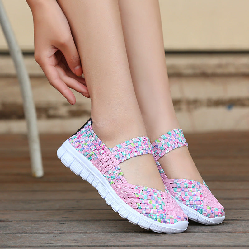 European and American large size elastic band woven single shoes light flat women's sandals