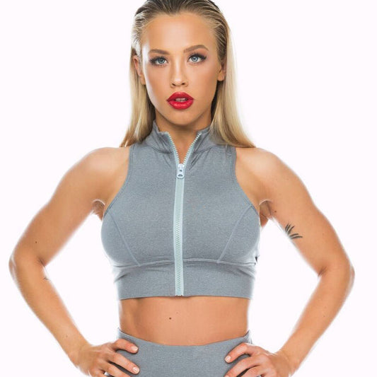 Models exposed navel fitness short sports vest women fashion zipper high collar running sleeveless shirt