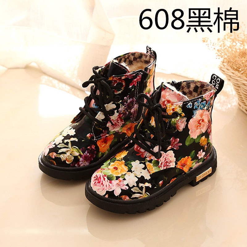 Cotton boots, children's floral, Martin boots, autumn and winter girls, children's boots, cotton boots, waterproof