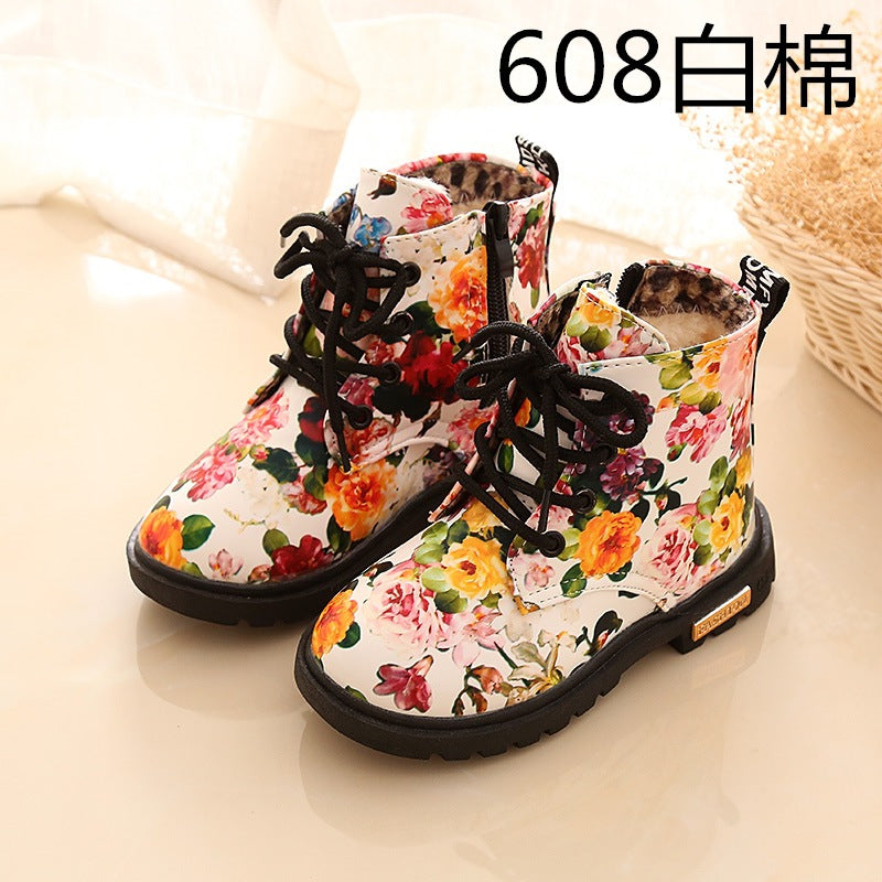 Cotton boots, children's floral, Martin boots, autumn and winter girls, children's boots, cotton boots, waterproof