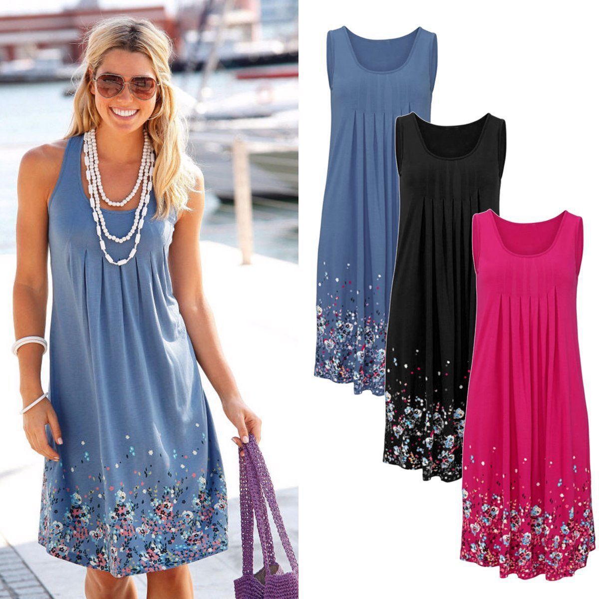 European and American Sleeveless Floral Print Loose Summer Dress