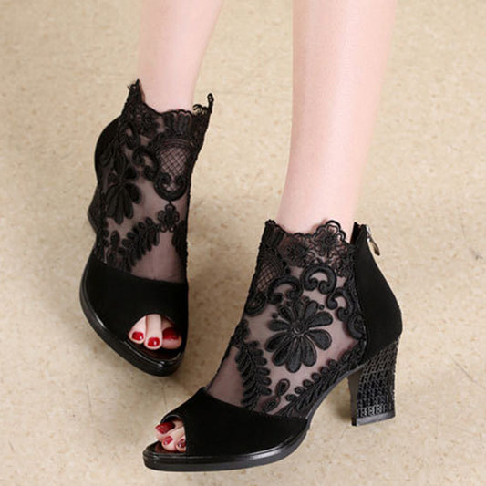 Cross-border net yarn high-heeled fish head thick heel women's shoes