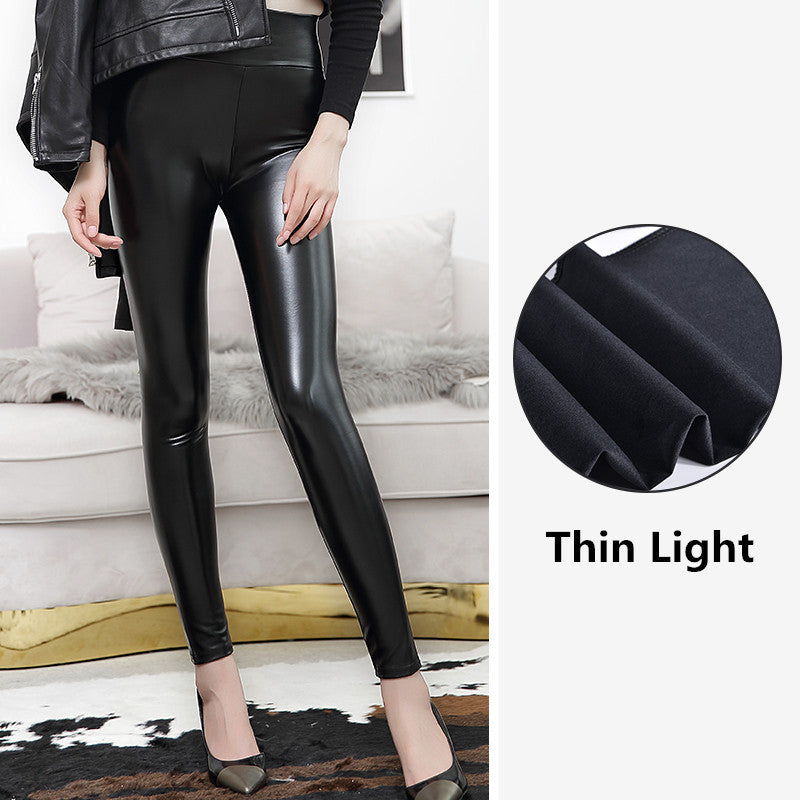 European and American high-waist PU leather pants, bright leather leggings, high-elasticity, women's velvet foot pants, cropped pants