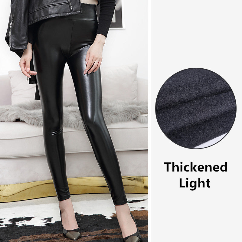 European and American high-waist PU leather pants, bright leather leggings, high-elasticity, women's velvet foot pants, cropped pants