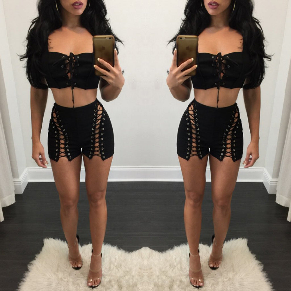 Sexy Eyelet Bandage Slim Fit Outer Hip Shorts