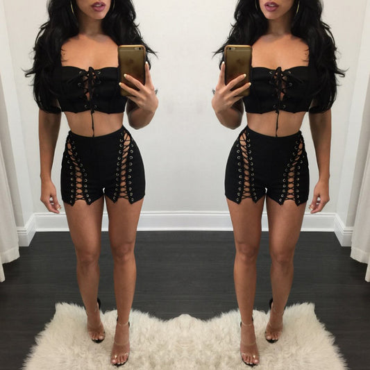 Sexy Eyelet Bandage Slim Fit Outer Hip Shorts