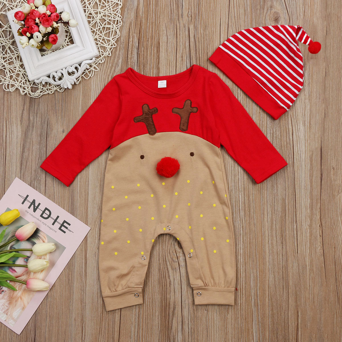 New baby deer shape long-sleeved hooded romper autumn long-sleeved Christmas baby romper