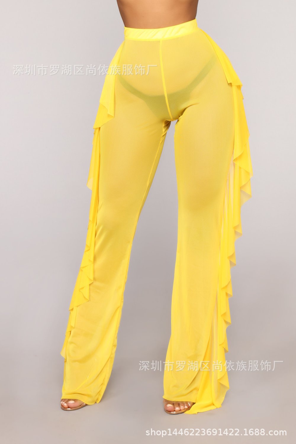 Solid color ruffled sexy mesh see-through trousers