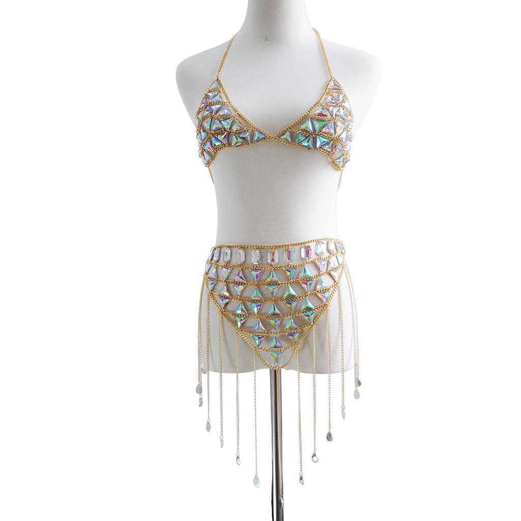 European and American trendy seaside beach sex appeal accessories shiny crystal jewelry bra body chain and waist chain as a body chain suit