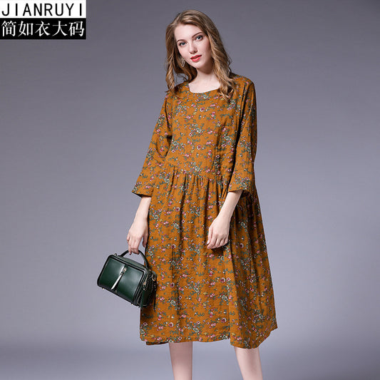 European and American linen cotton literary floral pleated stitching loose dress