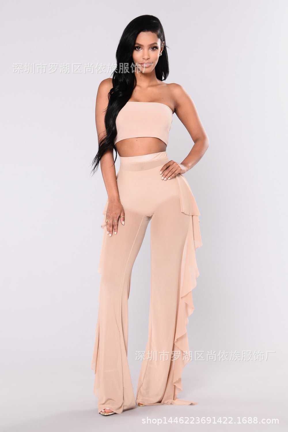 Solid color ruffled sexy mesh see-through trousers