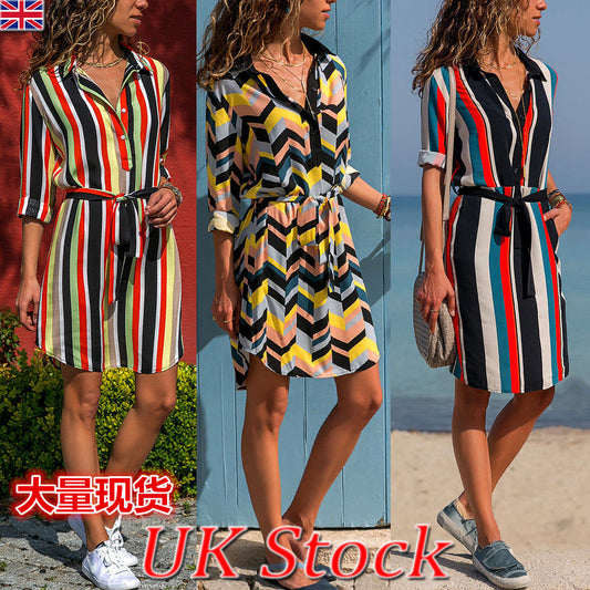 European and American Striped Long Sleeve Shirt Bandage Dress