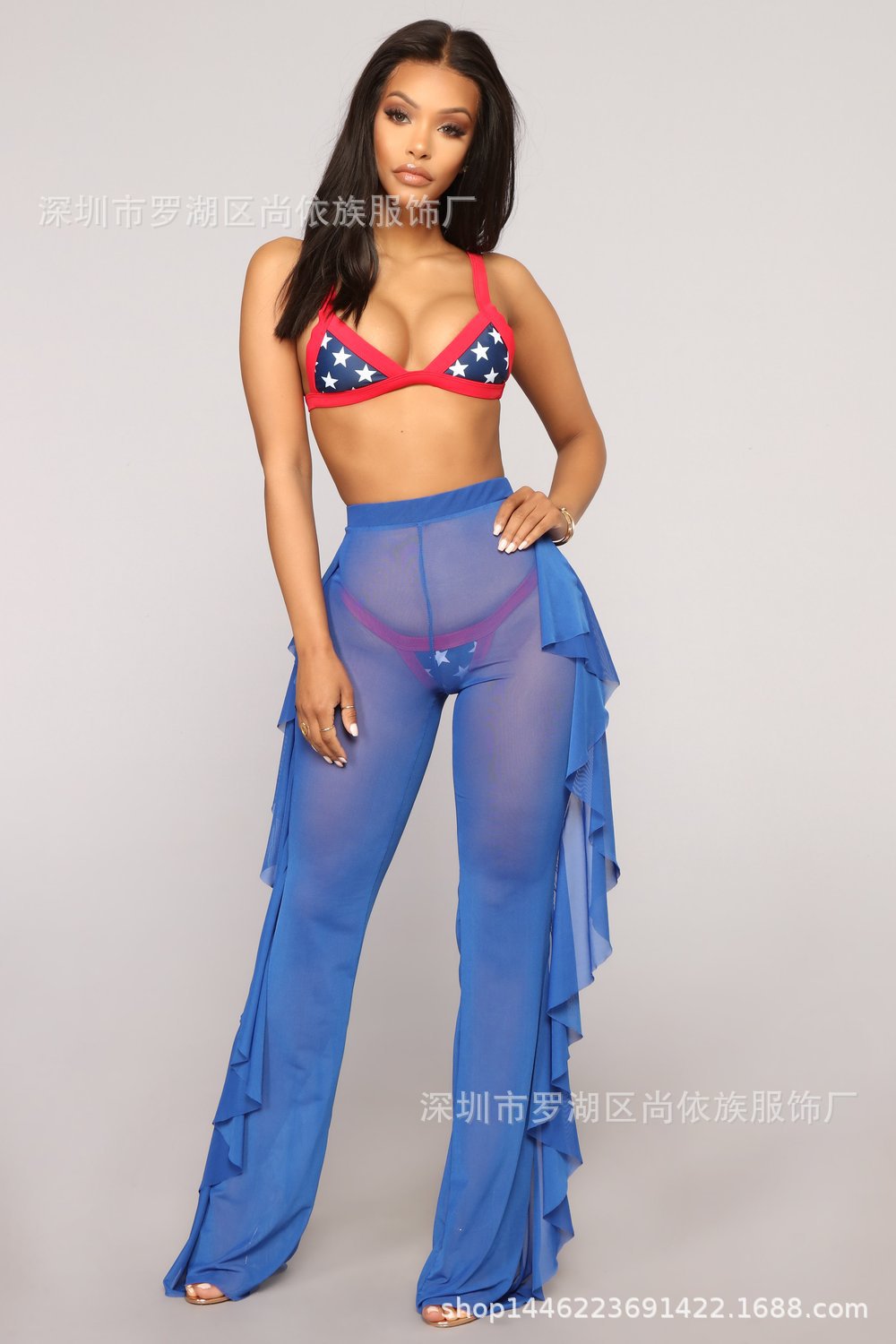 Solid color ruffled sexy mesh see-through trousers