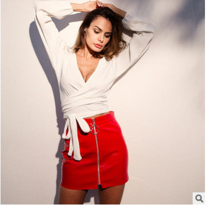 European and American cross-border women's clothing ring zipper short skirt high-quality bright leather PU slim skirt